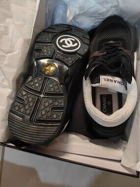 Chanel Black & White Mesh & Suede Sneakers - Size 39